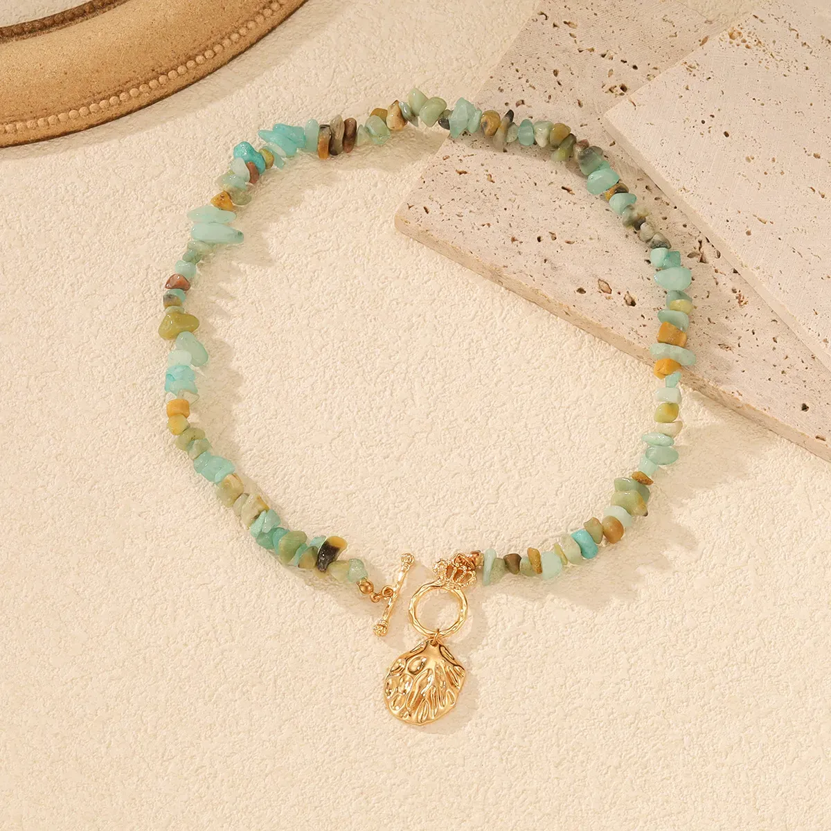 Light Blue Beaded Shell Pendant Necklace - NEWME