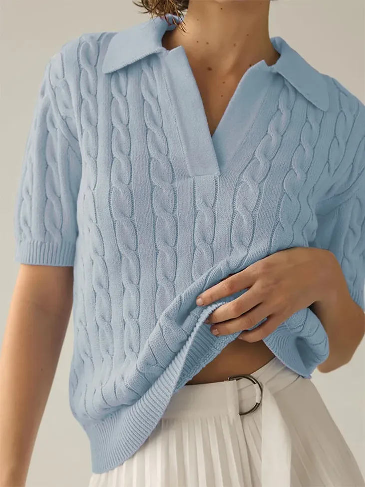 Light Blue Cable Knit Collared Sweater - Image 1
