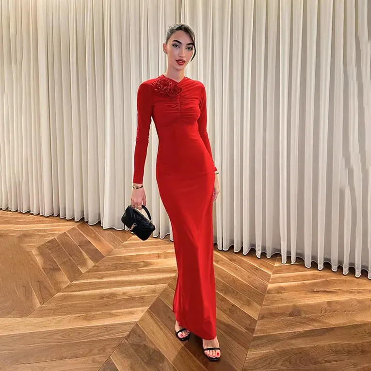 Red Solid V-Neck Maxi Dress - Image 1
