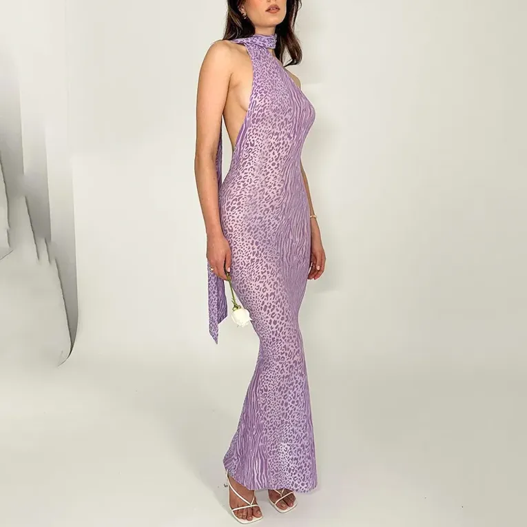 Purple Leopard Print Bodycon Maxi Dress - Image 1