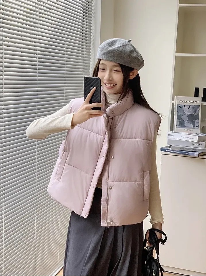 Pink Solid Puffer Half Jacket NEWME