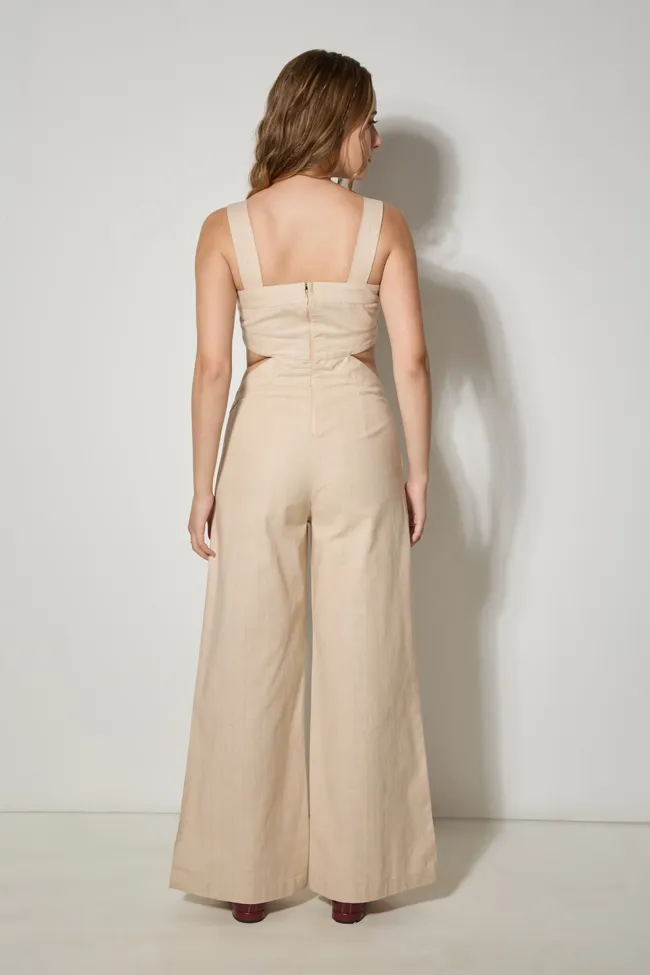 Beige Side Cut-Out Striped Jumpsuit - NEWME