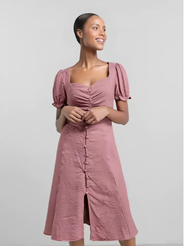 Sweet Heart Neck Puff-sleeved Flared Dress ワンピース Sweetheart Neck Puff Sleeves Midi Dress - NEWME