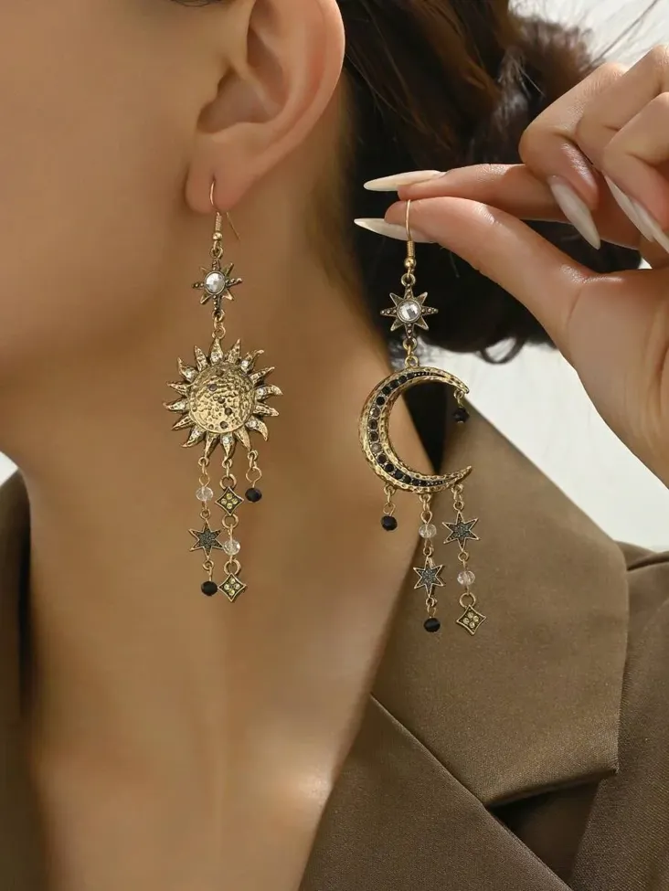Imitation Bronze Sun And Moon Drop Earrings - Image 1