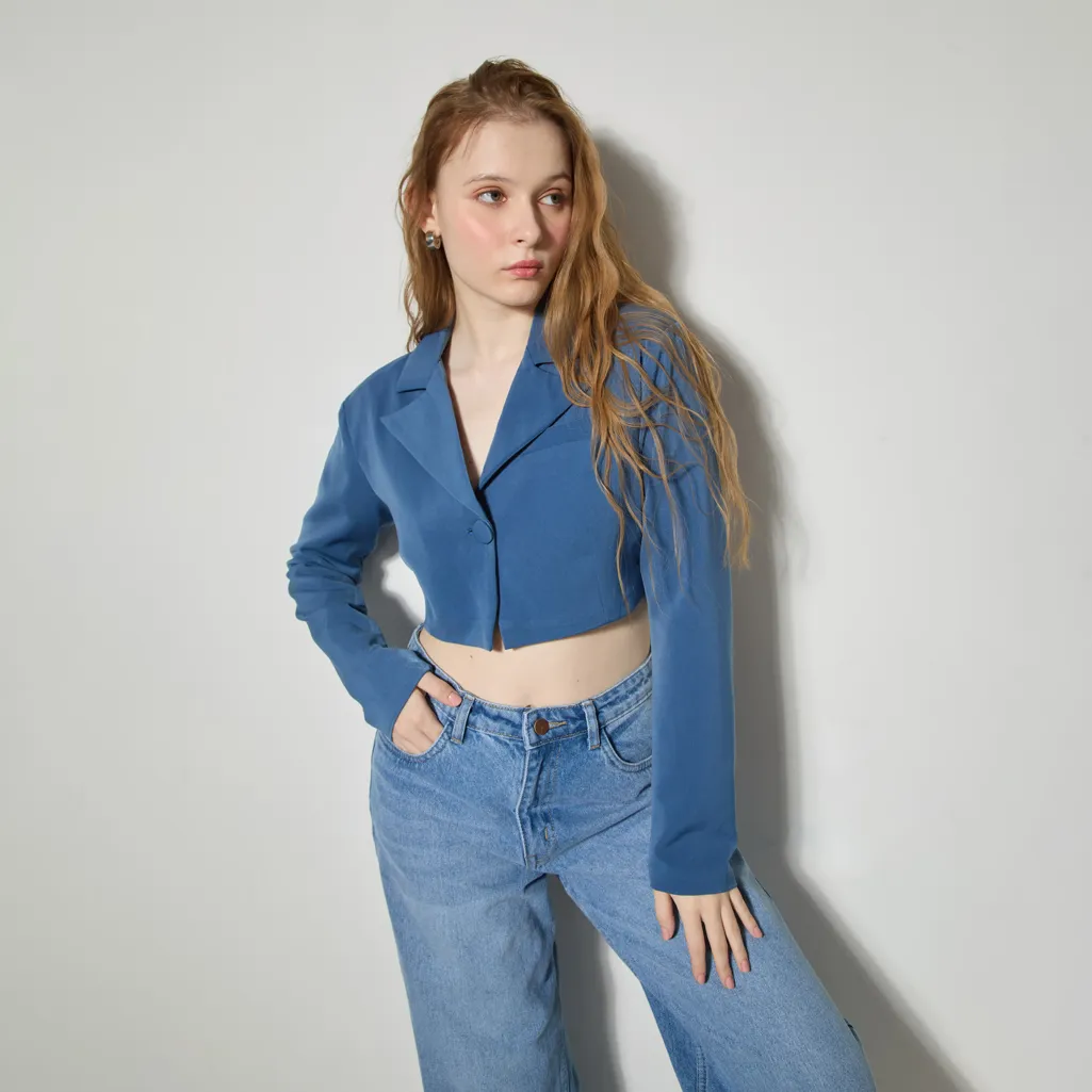 Blue Solid Cropped Blazer - NEWME