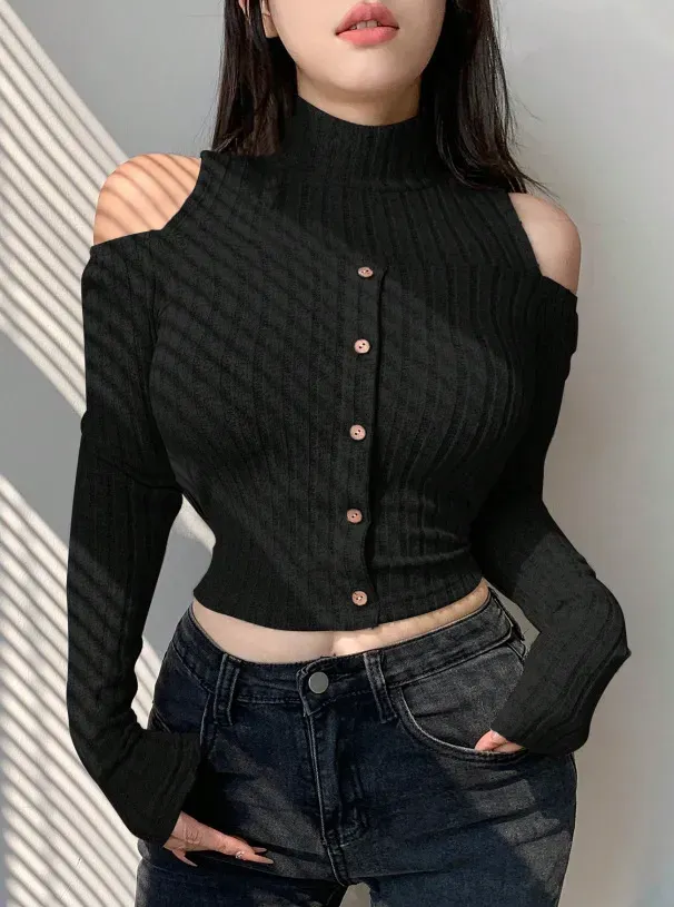 Black Cold Shoulder Crop Top - Image 1