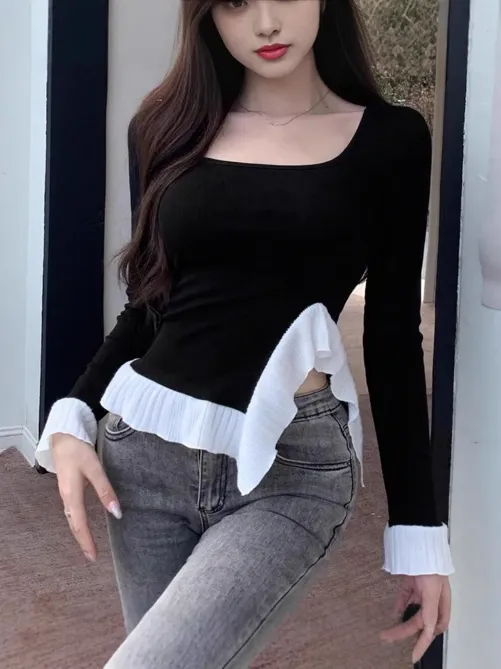 Black Color Blocked Ruffle Detail Top - NEWME