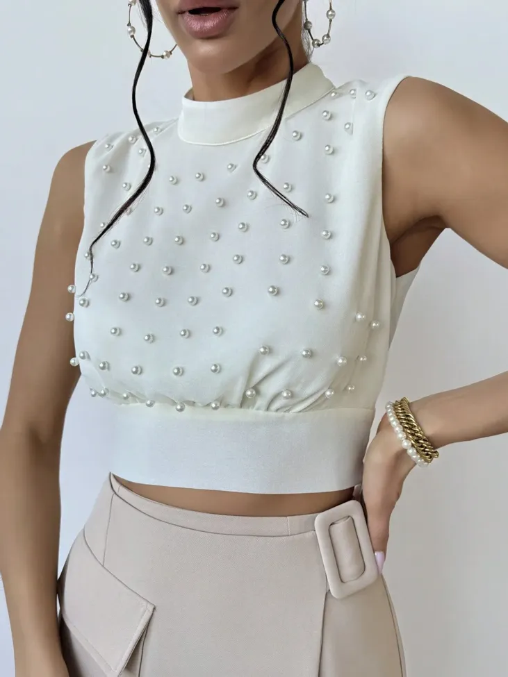 Off White Pearl Embellished Crop Top - Image 1