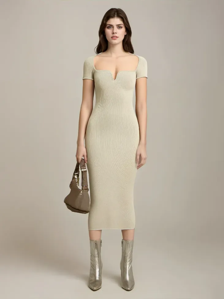 Apricot Ribbed Pencil Midi Dress - Image 1