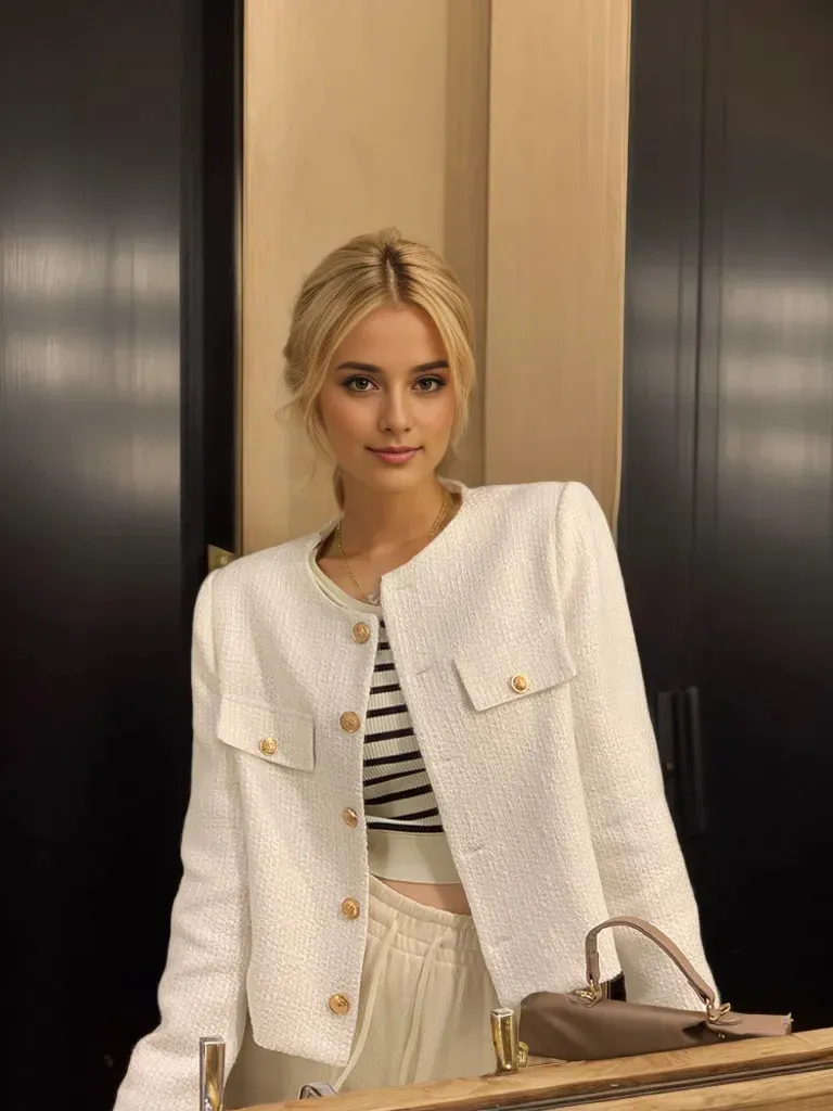 White Textured Round Neck Jacket