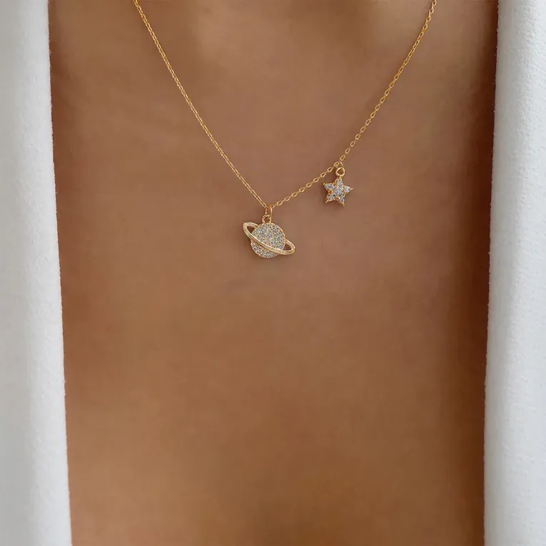 Imitation Gold Saturn Pendant Chain Necklace - Image 1