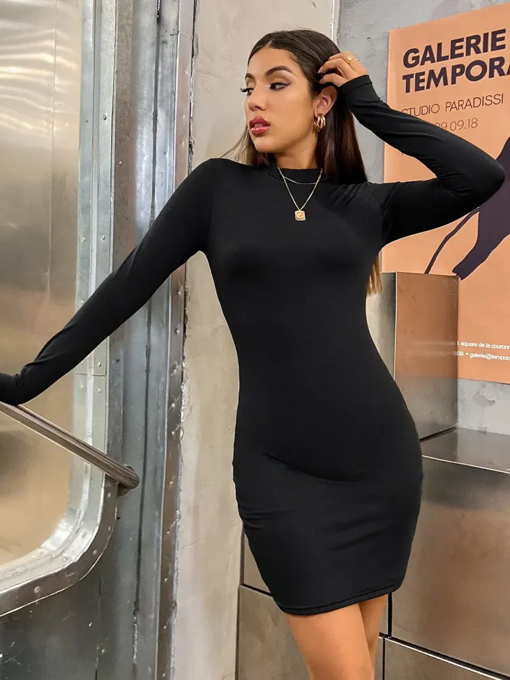 Black Solid Bodycon Dress - Image 1
