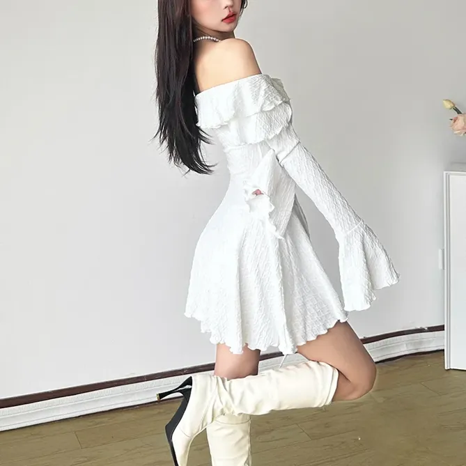 White Textured Off Shoulder Dress - NEWME
