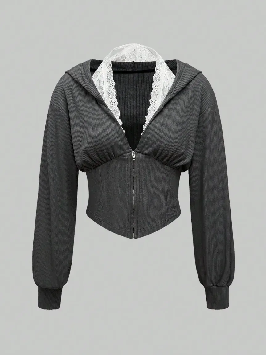 トップス 2000Archives CORSET JERSEY HOODIE Dark Grey Lacy Corset Zipper Hoodie - NEWME
