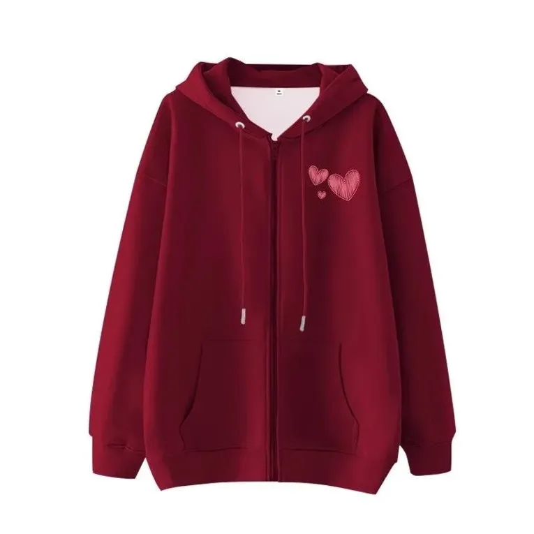 Maroon Heart Printed Zipper Sweatshirt - Image 1