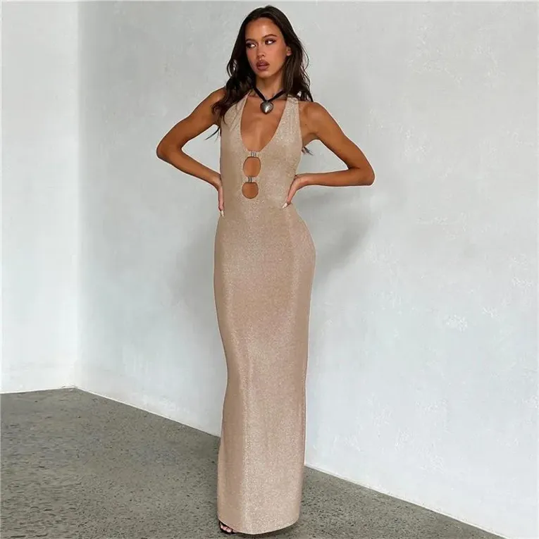 Beige Shimmer Halter Neck Gown - NEWME