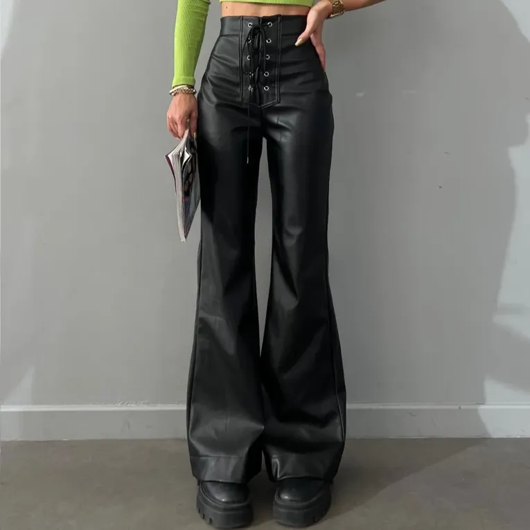 Black Tie Up Boot Cut Leather Trousers - Image 1