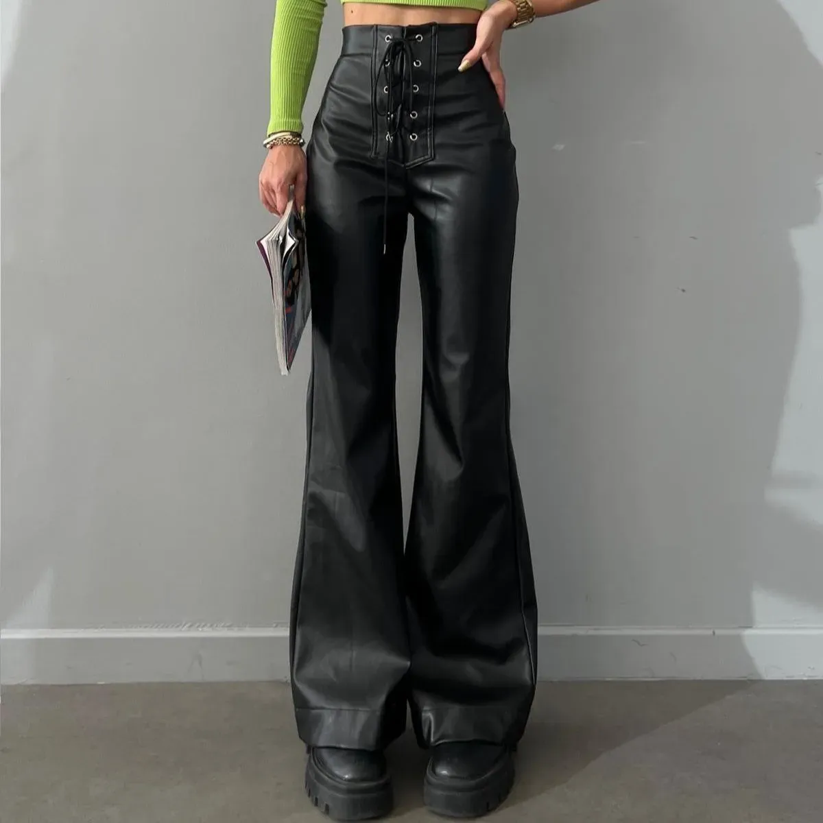 Flared Trousers Leather Lace Pants Black Tie Up Boot Cut Leather