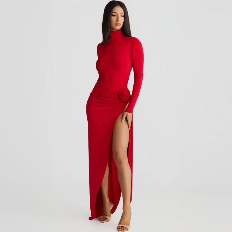 Red Solid Turtle Neck Gown - Image 1
