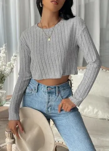 Light Grey Solid Ribbed Crop Top - Image 1