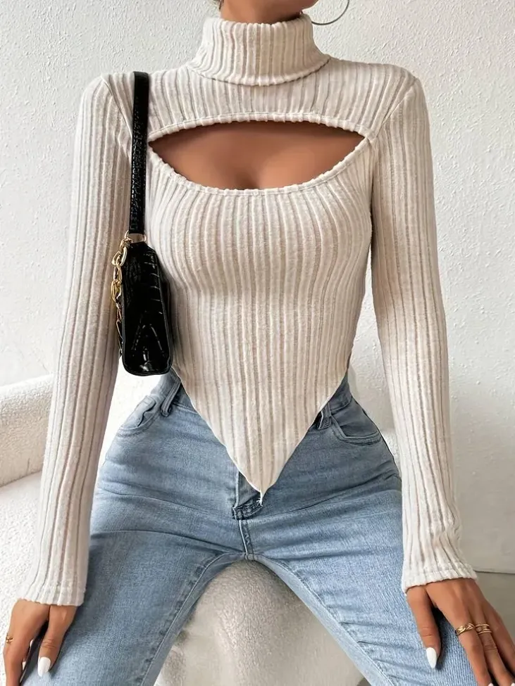 Cream Cut Out Turtle Neck Top - Image 1
