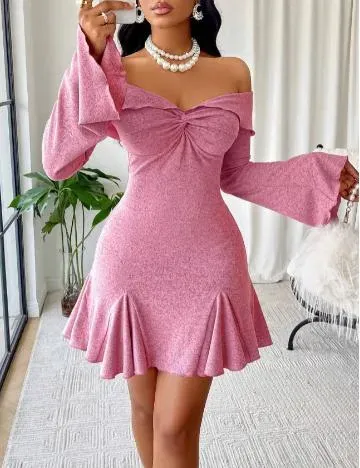 Light Pink Solid Off Shoulder Dress - Image 1
