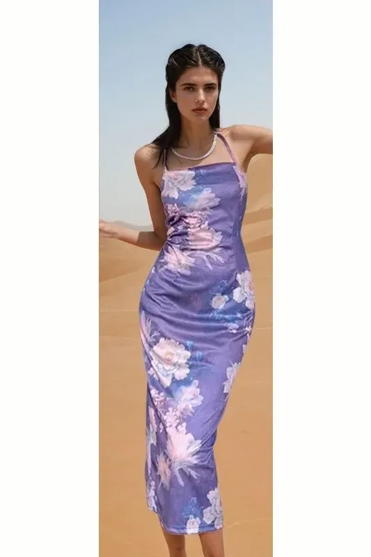 Purple Floral Halter Neck Bodycon Dress - Image 1