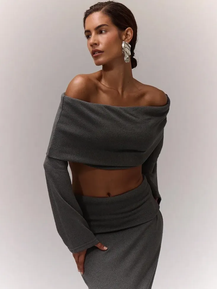 Dark Grey Solid Off Shoulder Fitted Top - Image 1