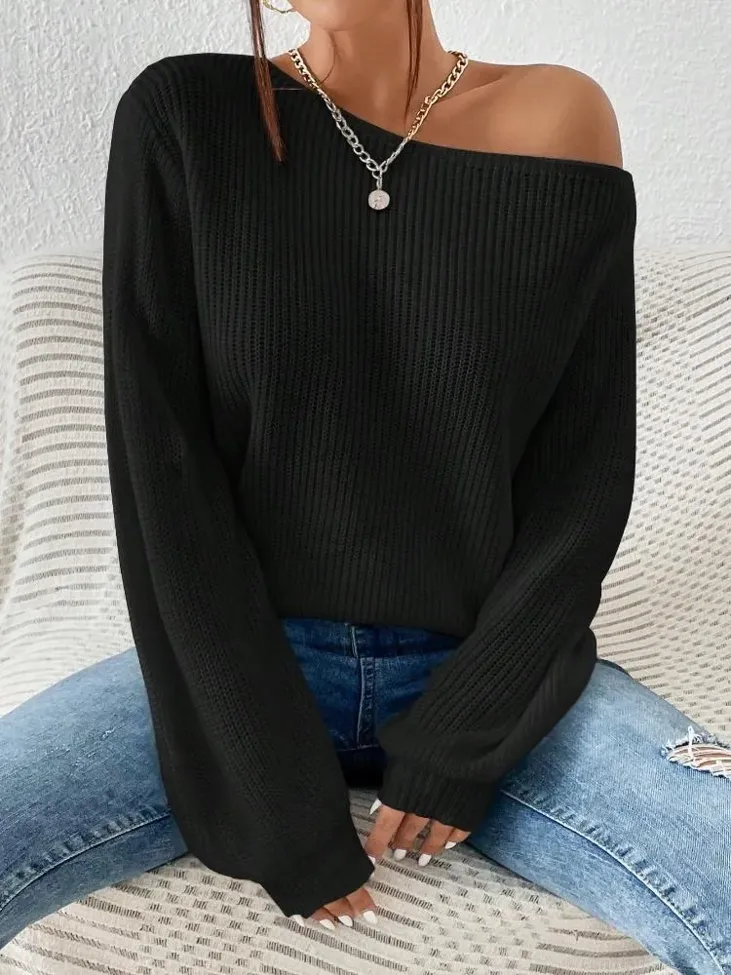 Black Boat Neck Knitted Sweater - Image 1