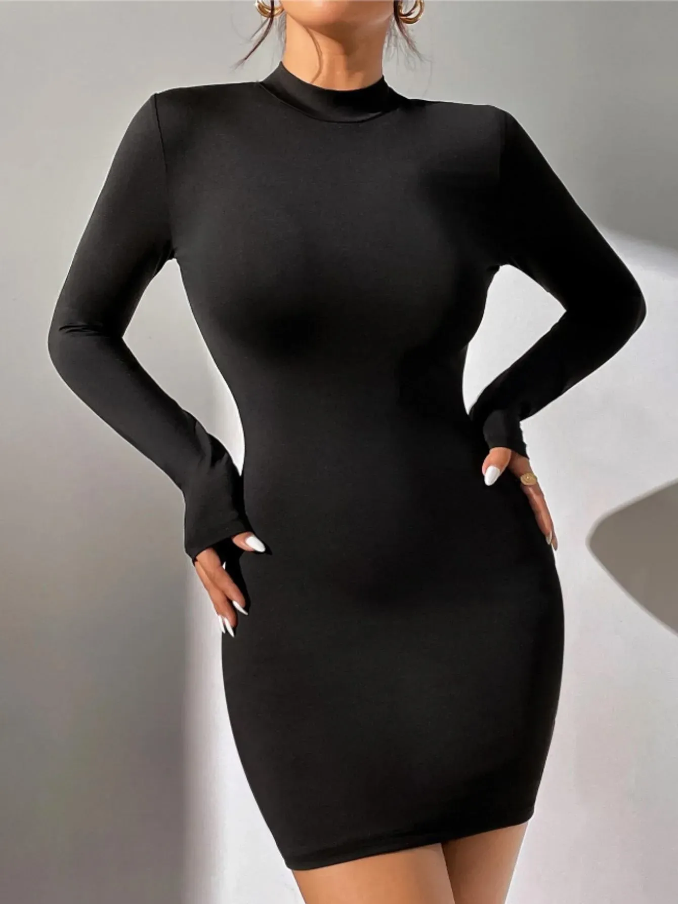 Black Solid Bodycon Dress