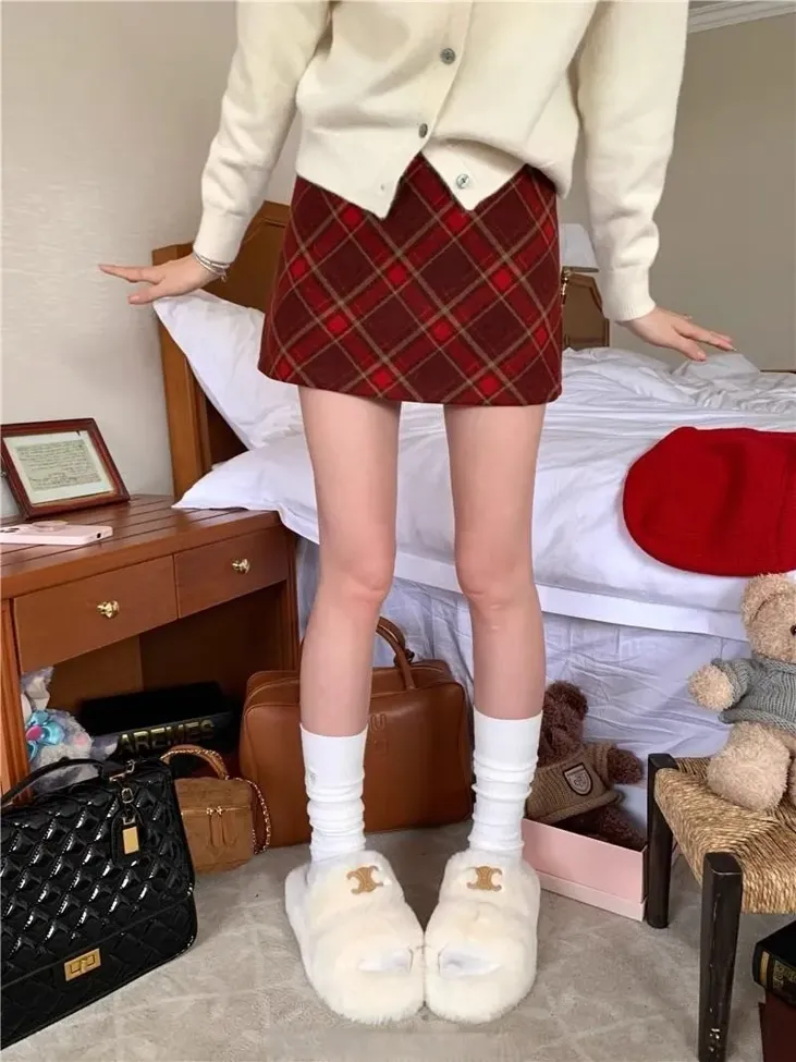 Burgundy Checks A-Line Skirt - Image 1
