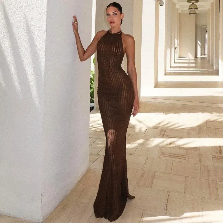 Dark Brown Knitted Bodycon Dress - Image 1