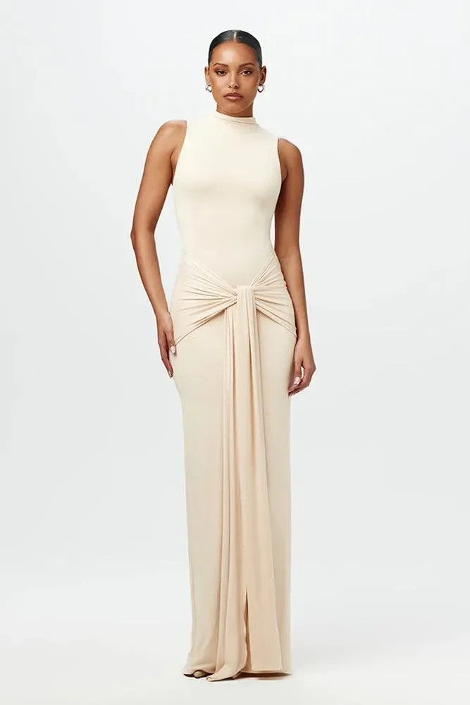 Cream Solid Waist Tie Up Maxi Dress - Image 1