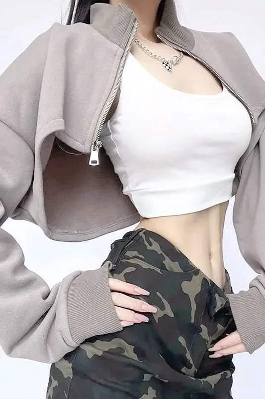 Khaki Solid High Neck Cropped Jacket - NEWME