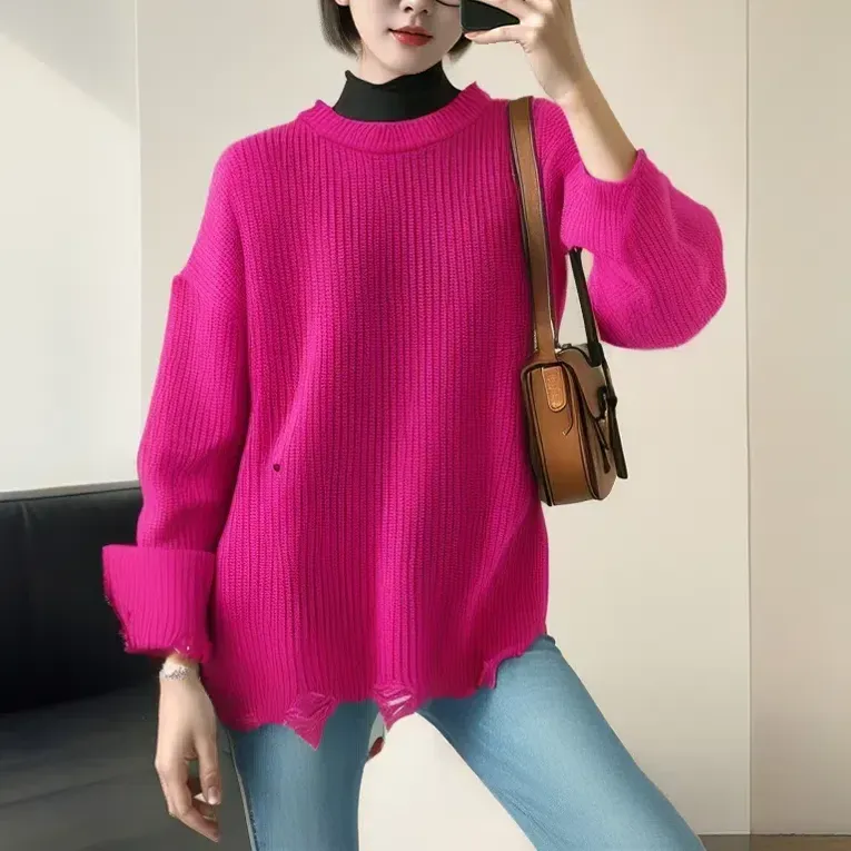Magenta Solid Frayed Sweater - Image 1