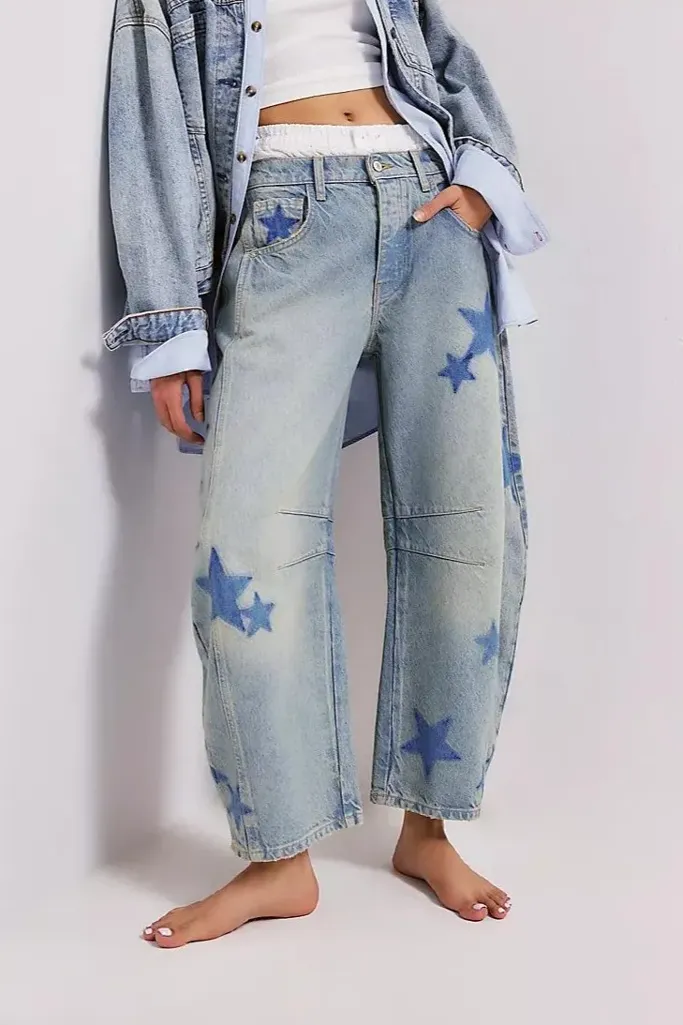 Light Blue Star Print Wide Leg Jeans - Image 1