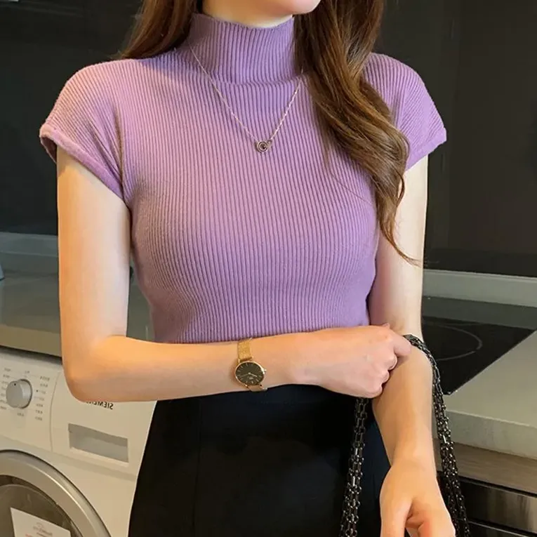 Lavender Solid Ribbed High Neck Top - Image 1