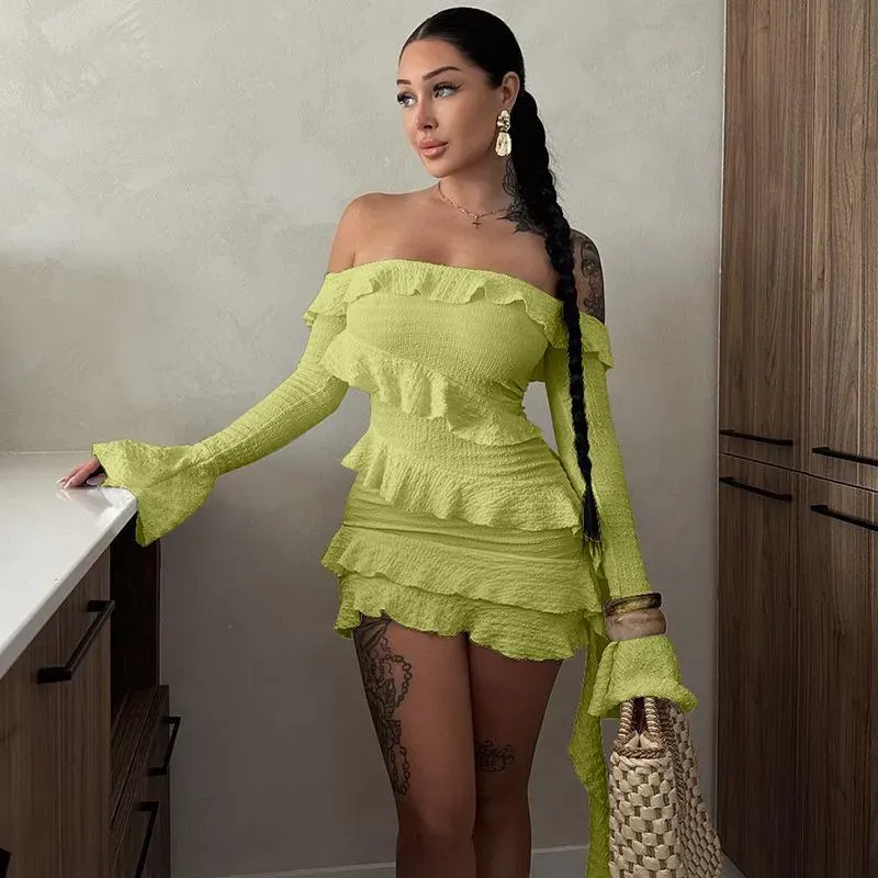 Lime Green Ruffle Detail Micro Mini Dress - NEWME