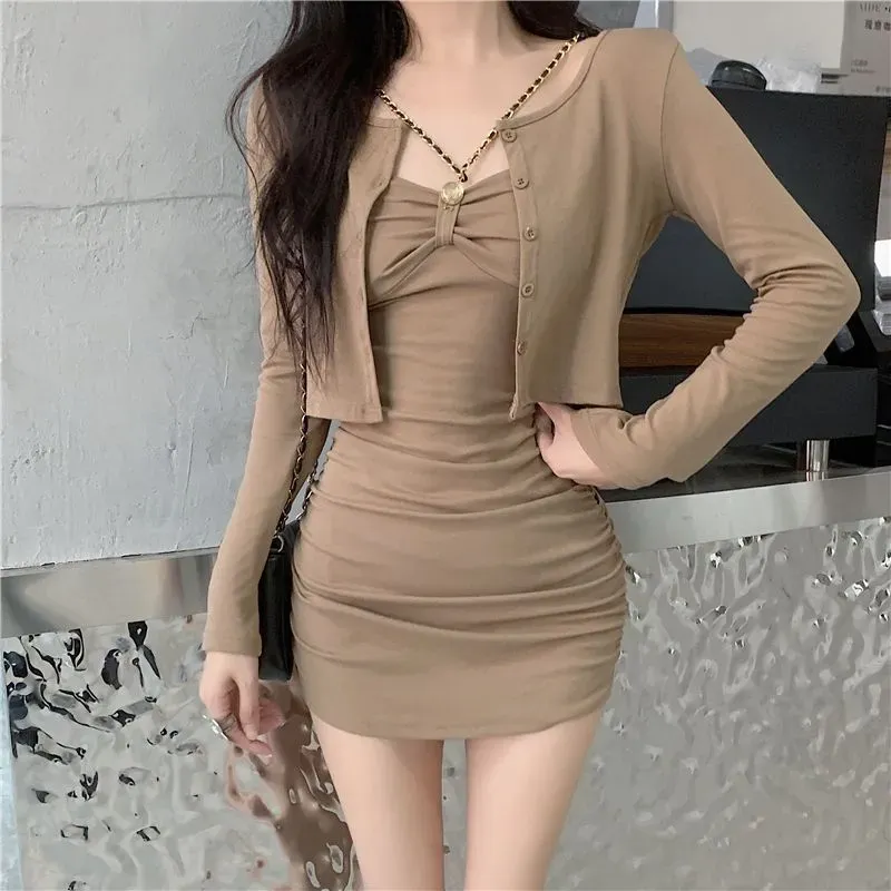 Brown Solid Sweetheart Neck Mini Dress