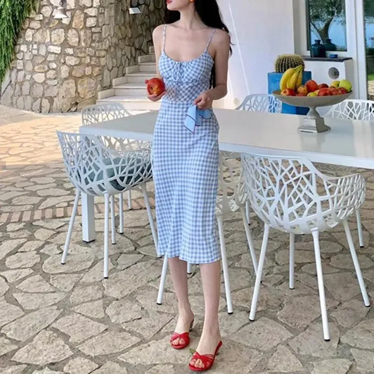 Blue Keyhole Neck Gingham Print Midi Dress - Image 1