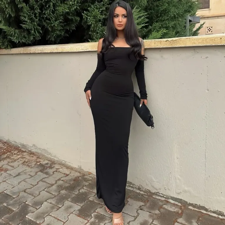 Black Solid Off Shoulder Bodycon Dress - Image 1