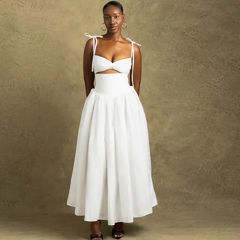 White Solid Spaghetti Strap Gathered Maxi Dress - Image 1