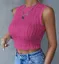 Magenta Textured Crew Neck Fitted Crop Top