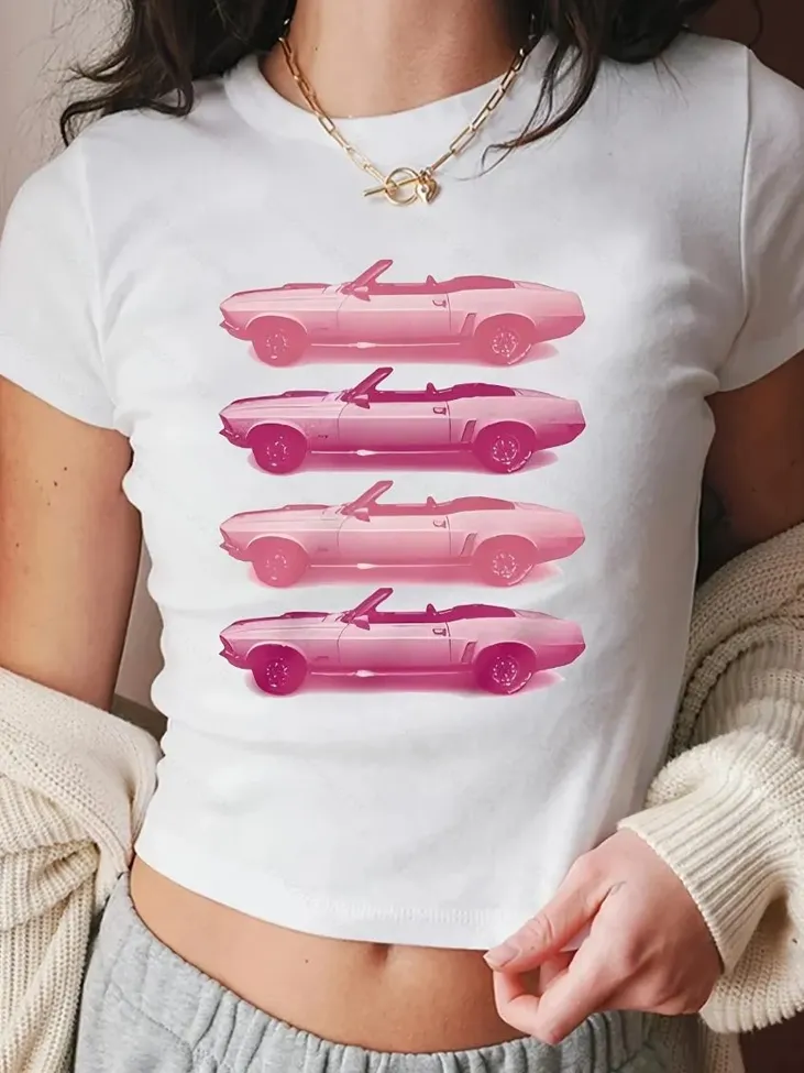 White Graphic Crew Neck Crop Tshirt - Image 1