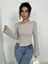 Grey Solid Asymmetric Neck Ribbed Flared Sleeve Top