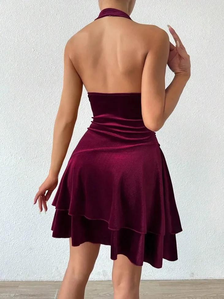 slim fit dress slacks Women's Plus Size Darla Pleated Halter Dress- Burgundy main image 1