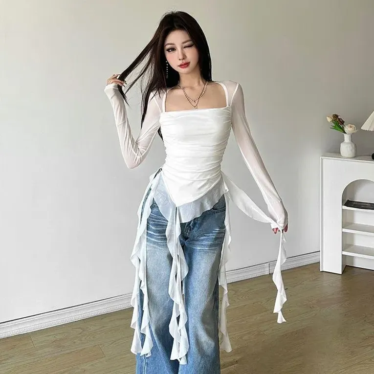 White Square Neck Ruched Asymmetric Top - NEWME