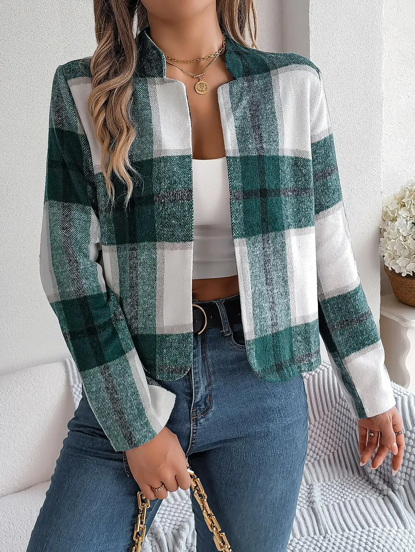Dark Green Checkered Open Front Jacket - NEWME