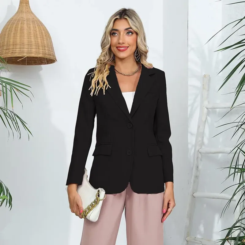 Black Solid Notch Collar Blazer - NEWME