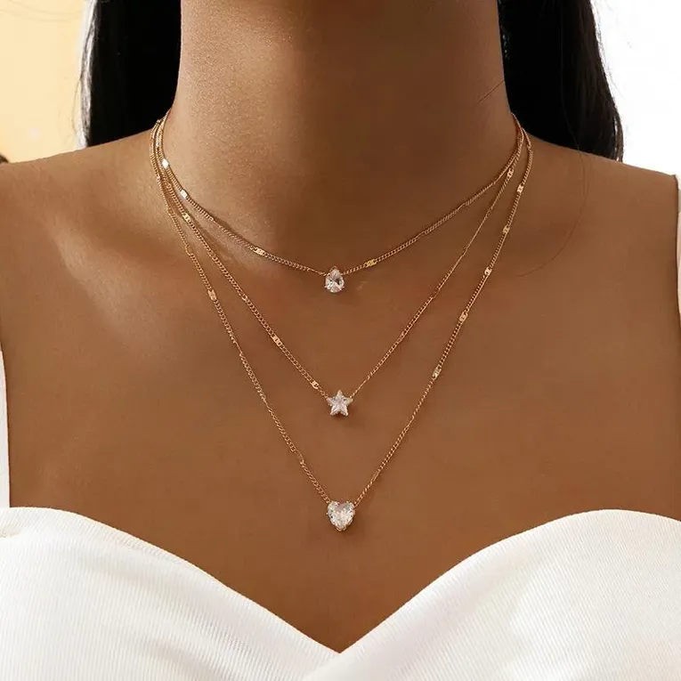 Imitation Gold Star Crystal Layered Necklace - Image 1